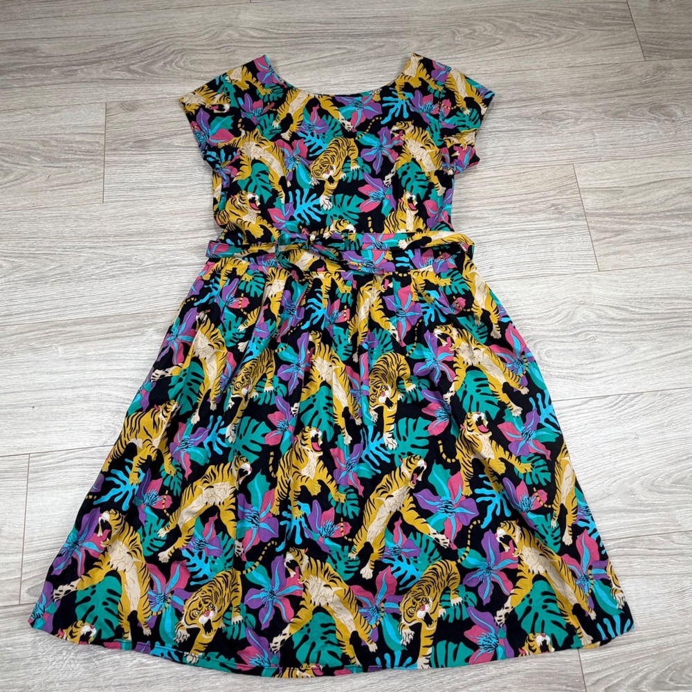 Run & Fly Women Tiger Tropical‎ Floral Print Fit Flare Dress Black Size 10 Retro